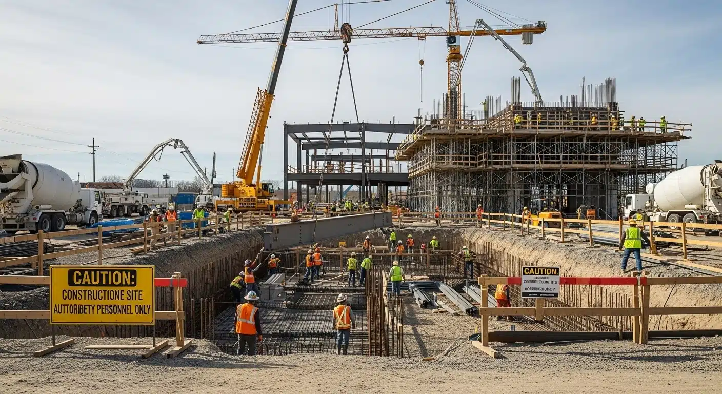 Wide-angle view of a commercial construction site in Litchfield, MN with cranes, scaffolding, and workers in safety gear.