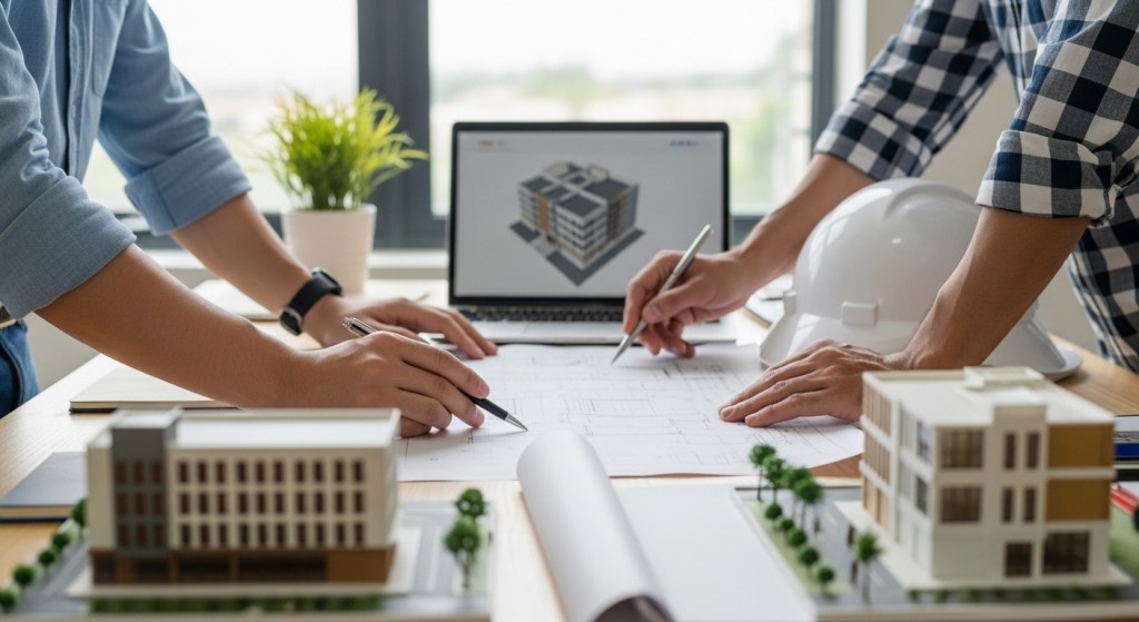 Architects and engineers collaborating on commercial building blueprints and digital designs in a modern office setting