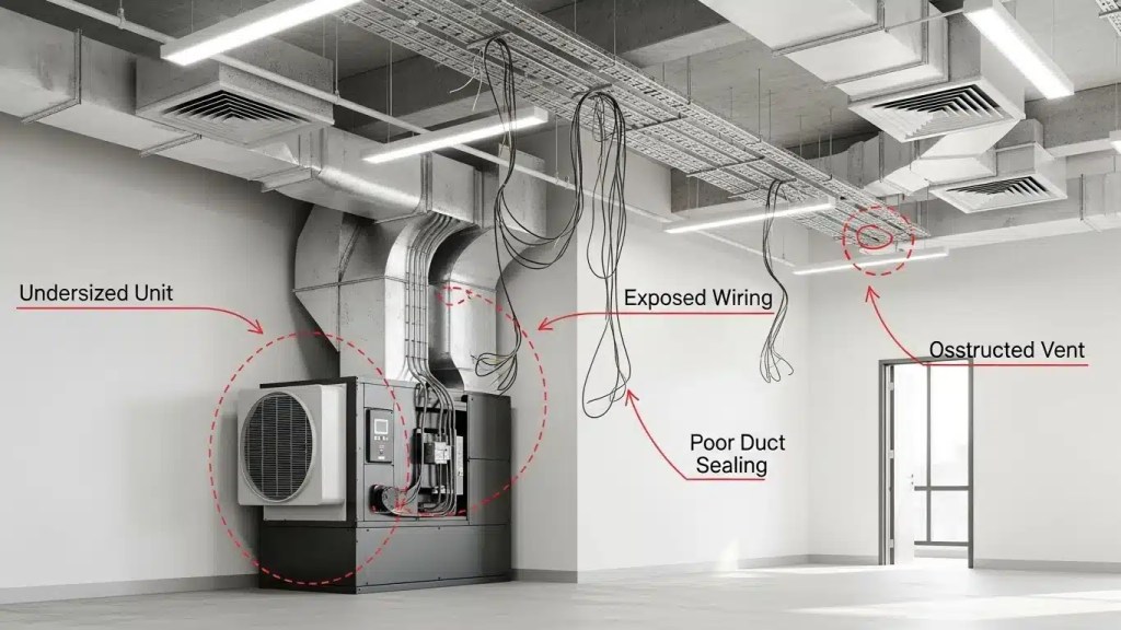 HVAC vents and diffusers in a modern room, showing correctly planned air distribution for balanced comfort and airflow.