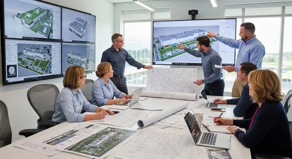 Construction design management meeting with architects and engineers reviewing plans in office