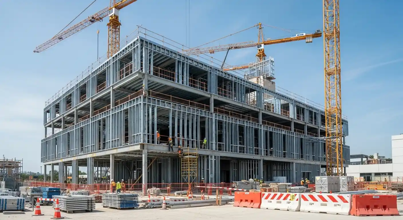 Modern multi-story building under construction using light-gauge steel framing with workers on site