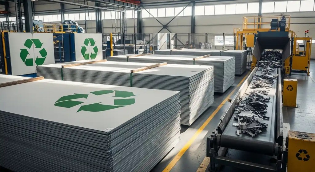 Close-up of thin cold-formed light-gauge steel studs and panels used in building construction