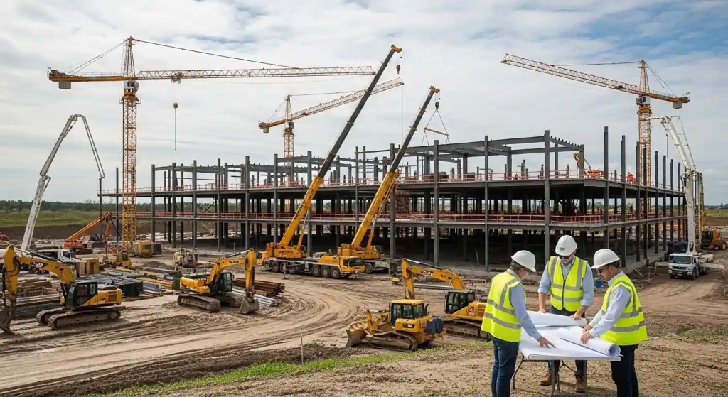 Commercial construction site showing different building types and systems