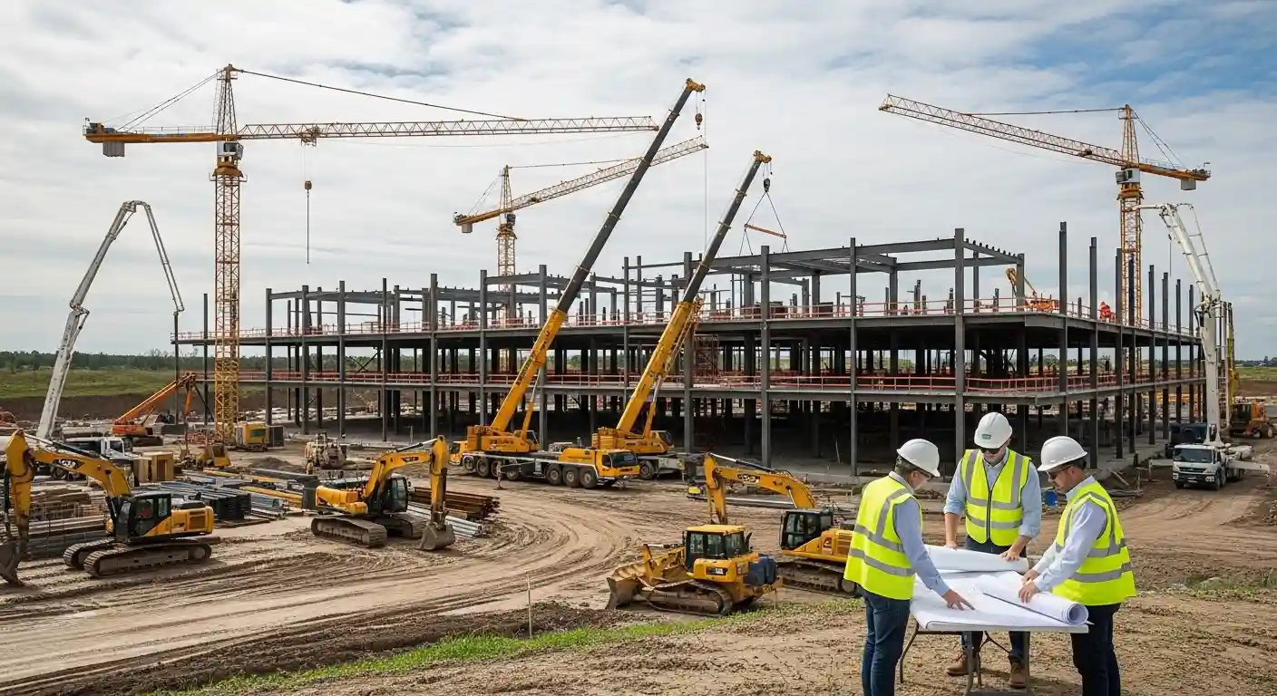 Commercial construction site showing different building types and systems