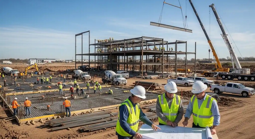 Commercial construction site in Litchfield showing structural framing and active project scheduling coordination.