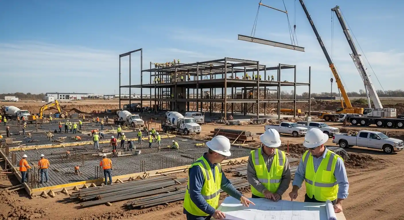 Commercial construction site in Litchfield showing structural framing and active project scheduling coordination.