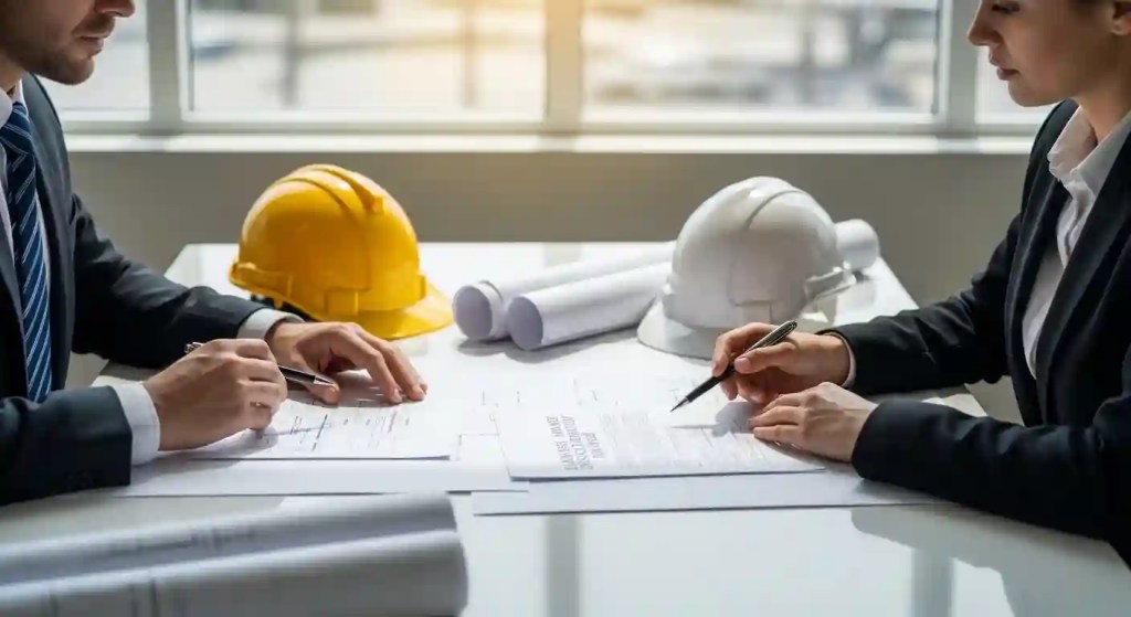 Commercial construction contract signing with earnest money deposit agreement and project blueprints on table