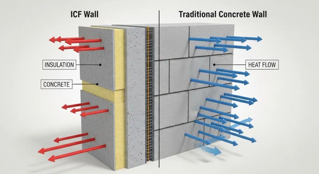 Comparison of ICCF wall versus traditional concrete wall showing superior insulation.