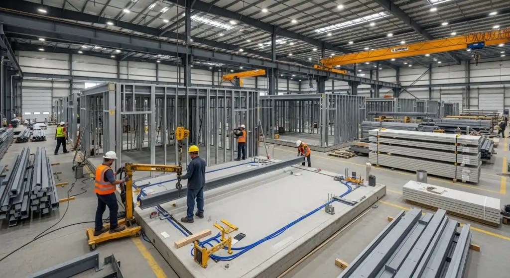 Factory workers assembling modular building units in a controlled environment.