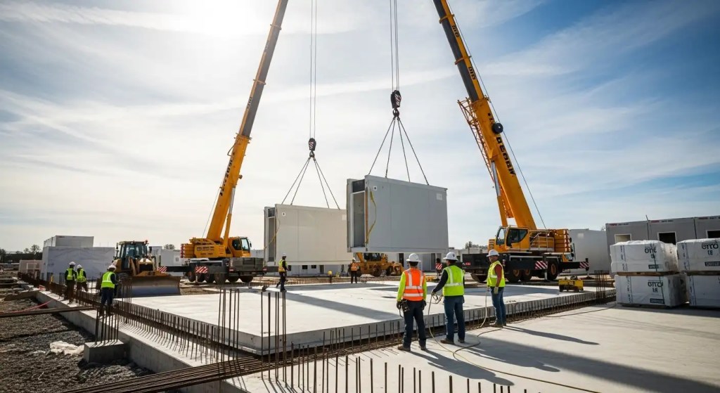 Cranes installing modular building sections on-site.