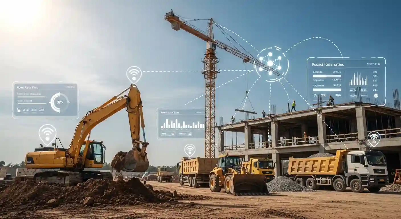 Construction site with heavy equipment connected by digital telematics data and GPS tracking overlay.