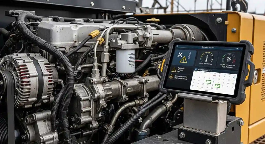 Heavy equipment engine with tablet displaying telematics maintenance alert and service schedule.