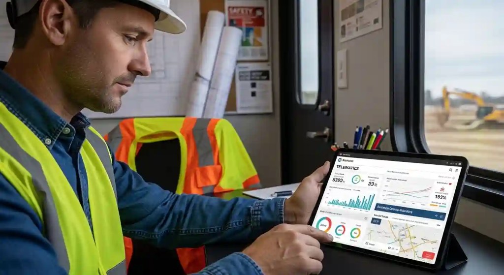 Construction manager reviewing telematics dashboard showing fuel usage, equipment hours, and location tracking.