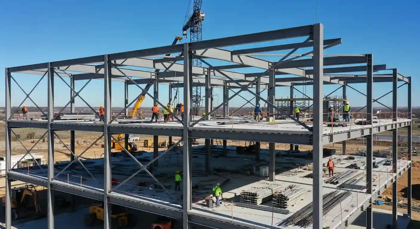 Steel frame skeleton of a commercial building under construction with beams and columns.