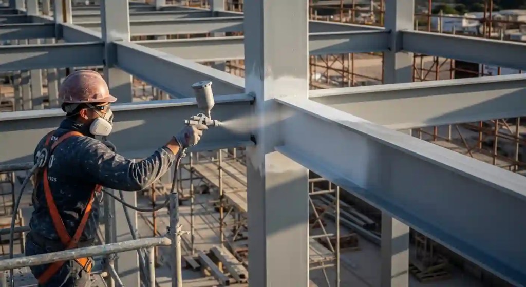 Fireproof coating being applied to steel beams for safety in a commercial building.