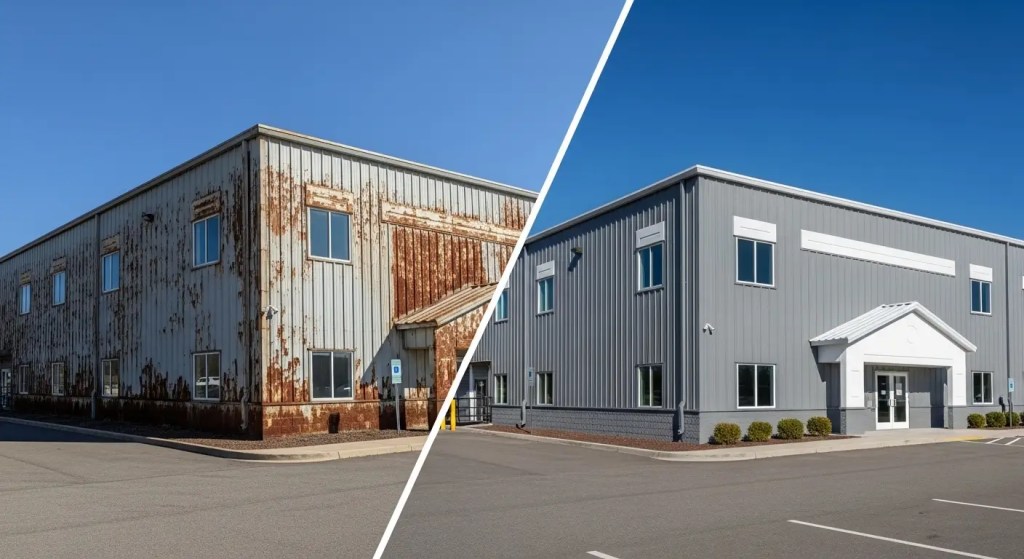before and after of paint on steel building